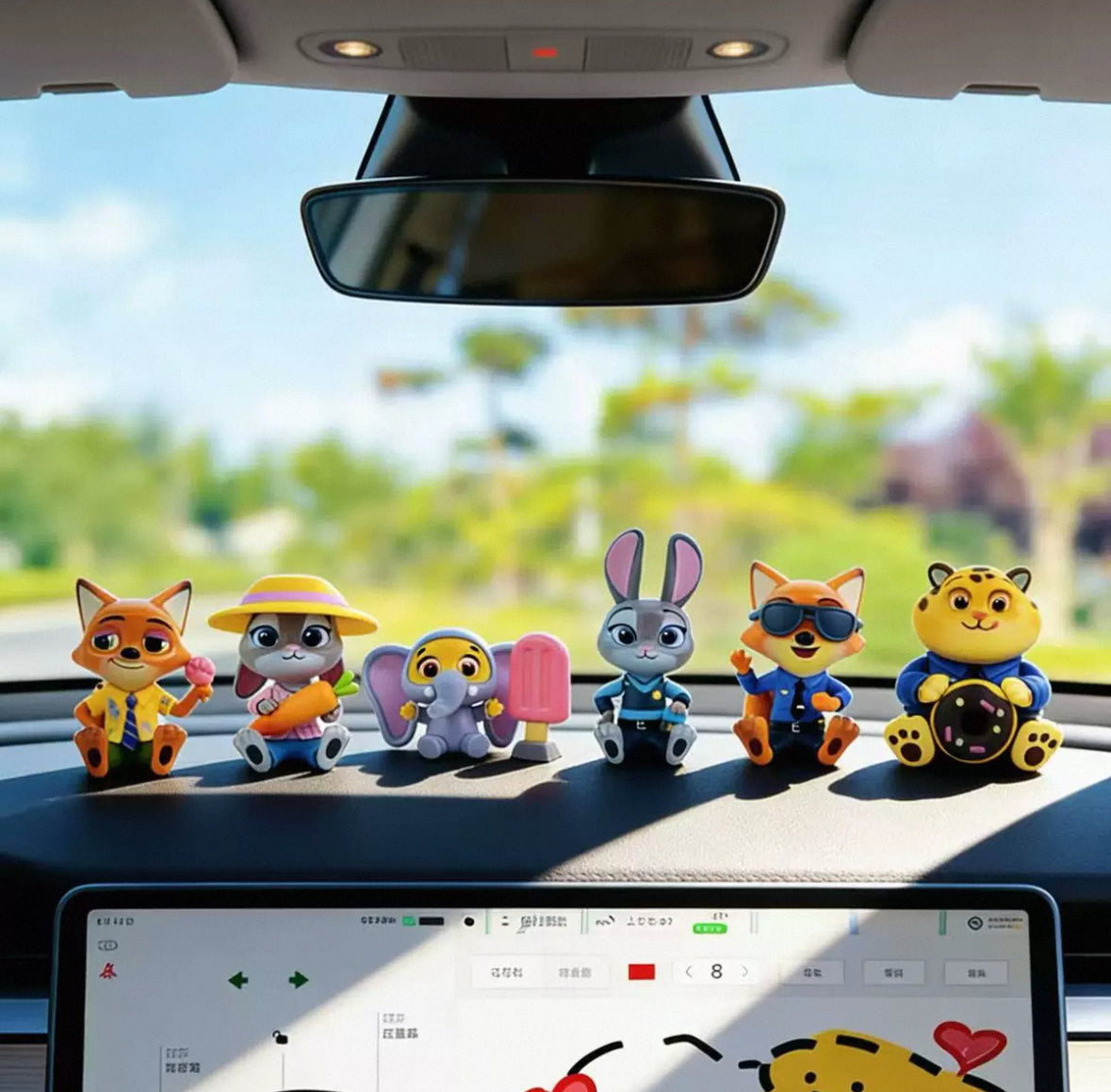 【OULA】Crazy Animal City Car Ornament Cartoon Judy Rabbit Nick Fox Leopard Officer Car Center Console Ornaments